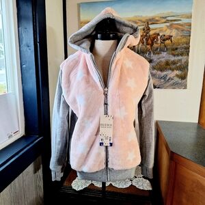 Butter Super Soft Reversible Grey/Pink Stars Hoodie, Teen14/16 #SAB6085C, NWT